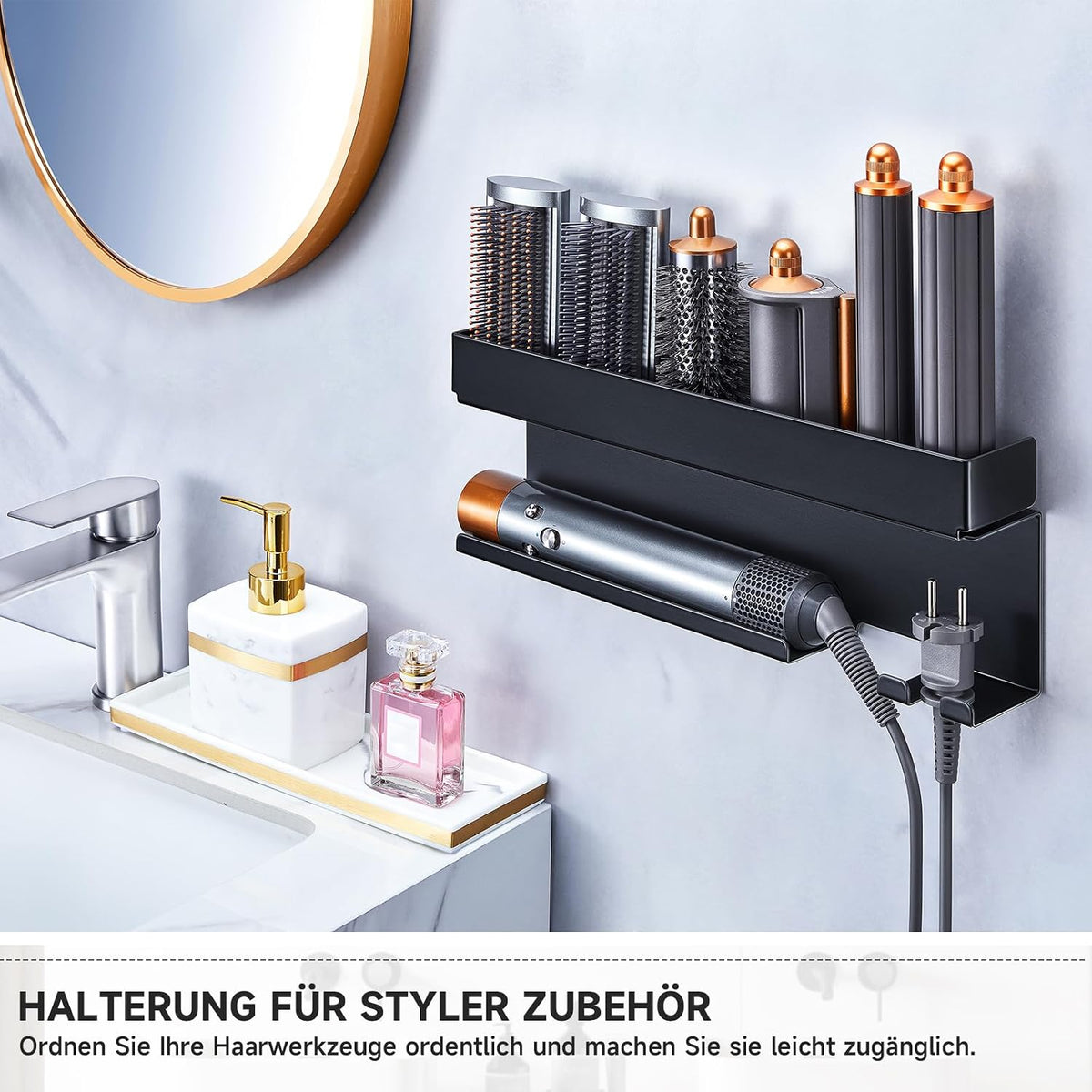 Wall-Mounted Hair Dryer & Styling Tool Organizer, No-Drill