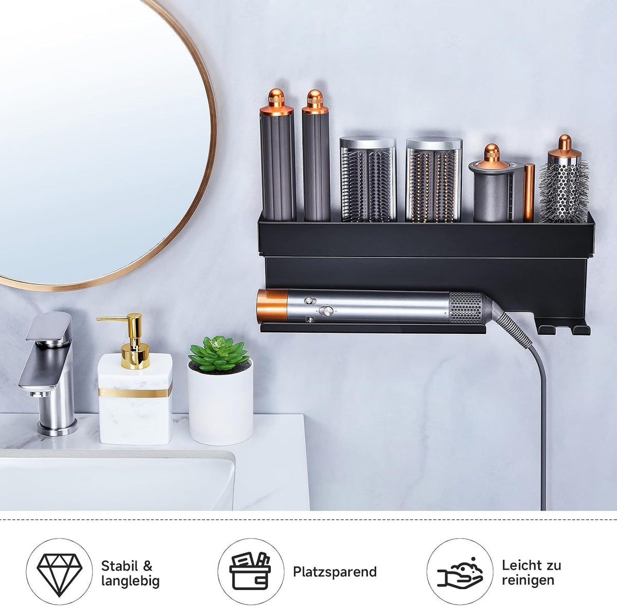 Wall-Mounted Hair Dryer & Styling Tool Organizer, No-Drill