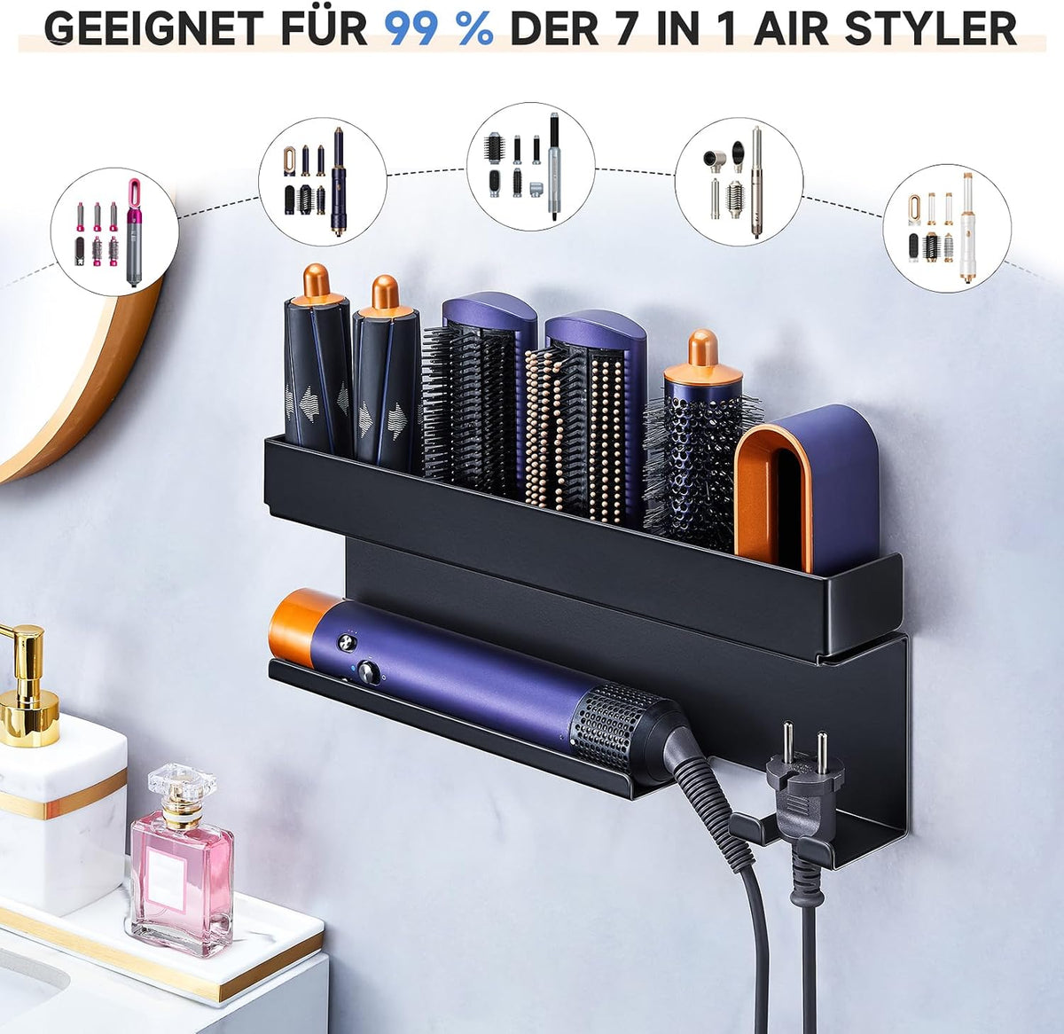 Wall-Mounted Hair Dryer & Styling Tool Organizer, No-Drill